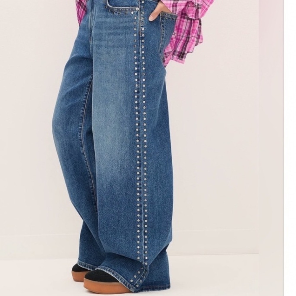 PINK Victoria's Secret Studded Wide Leg Jeans Blue Mid Rise Baggy Denim Size 18